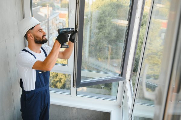 Workman in overalls installing or adjusting plastic windows in the living room at home.
